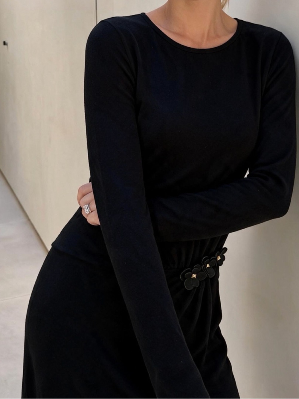 Miss Sixty Black Long-Sleeve Sheath Dress with removable Side Flower Appliqué
